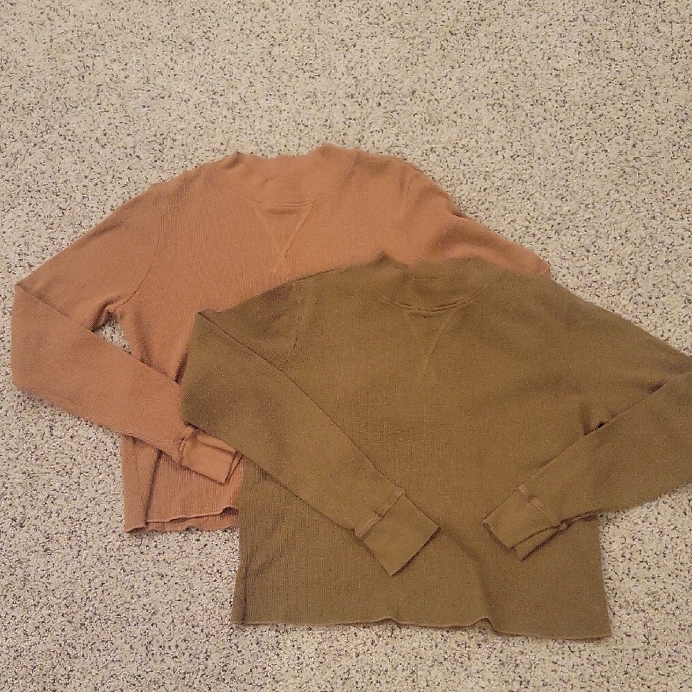 Mate The Label Organic Cotton Waffle Long Sleeve Crop Mock Neck Green Brown Smal